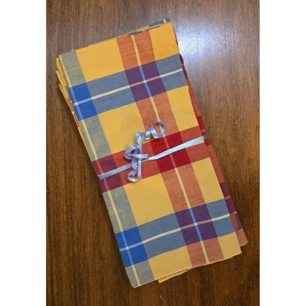 Set of 4 Yellow Red Blue Plaid Cloth Napkins 20x21 Farmhouse Table Linens